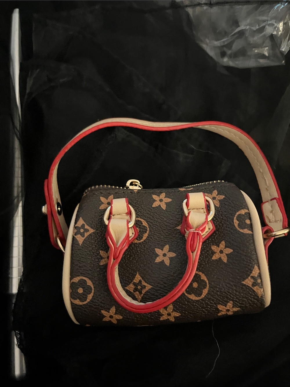 Designer-Inspired Brown Monogram Bag Charm with Red Trim